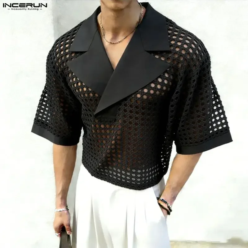 INCERUN Herrenhemd mit Revers, Netz-Patchwork, durchsichtig, Kurzarm, Herrenbekleidung, Sommer, locker, sexy, 2026, modische Camisetas, Crop Tops