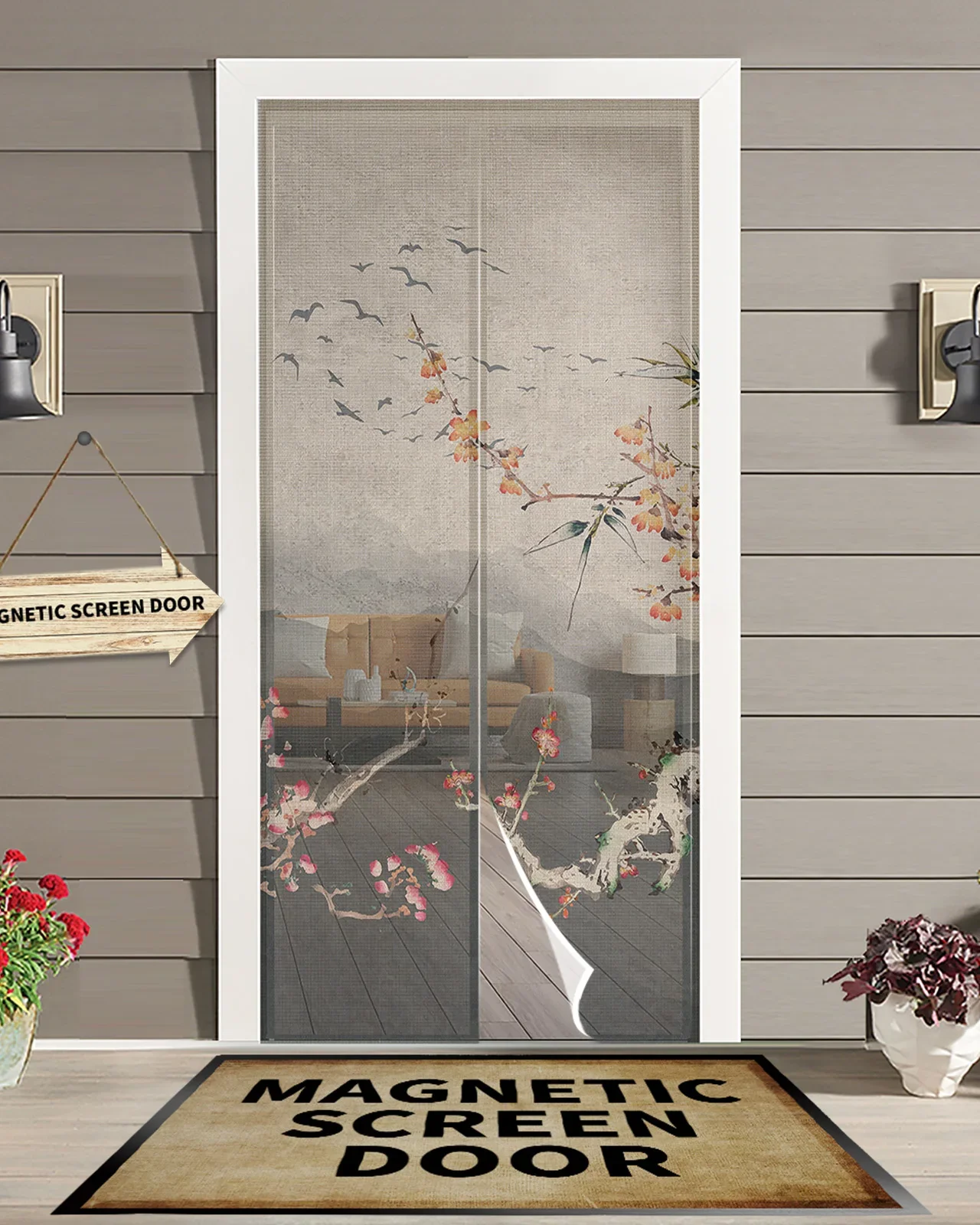 Chinese Painting Plum Blossom Landscape Summer Magnetic Screen Door Curtain Anti Mosquito Net Insect Fly Bug Kitchen Curtains