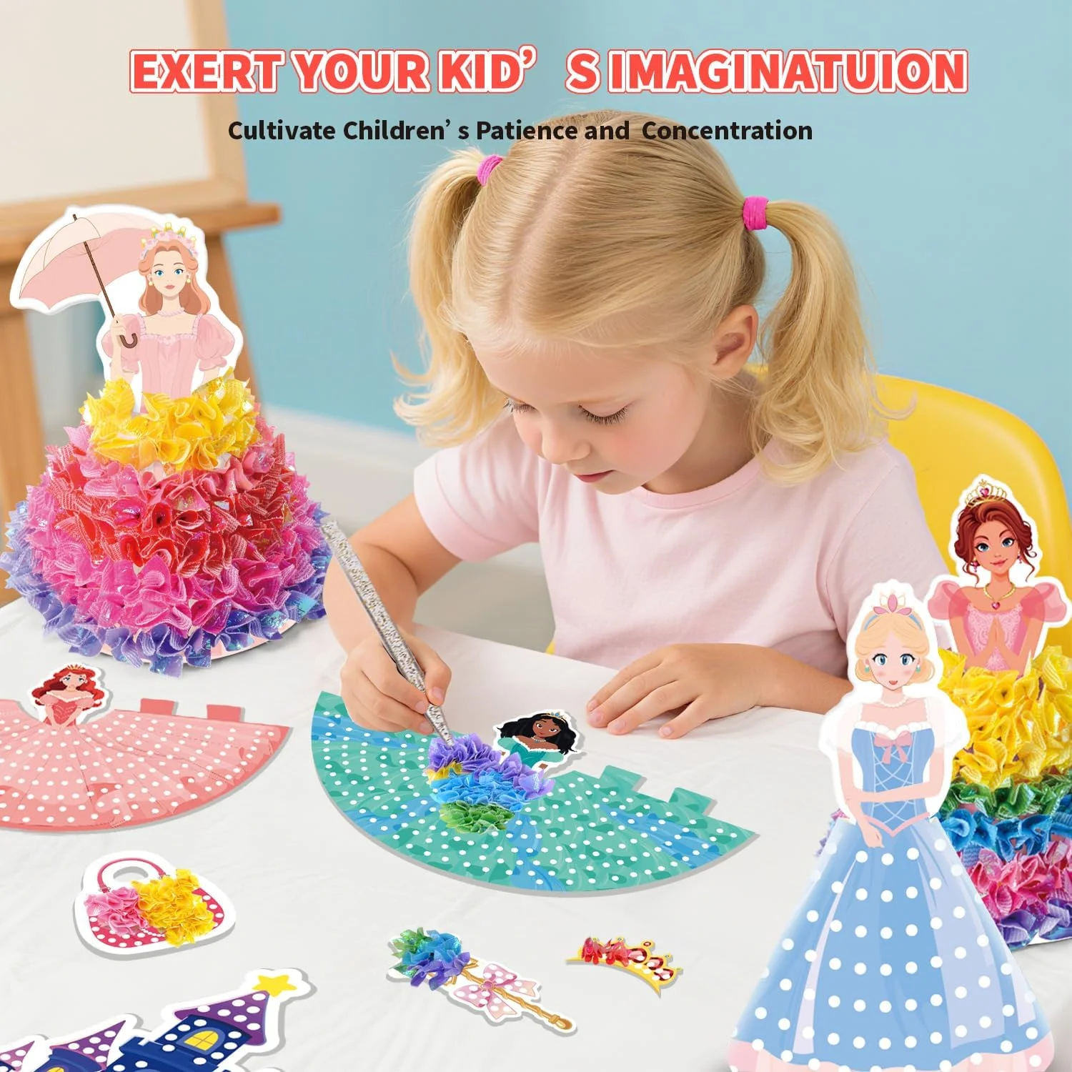 3D Princess Poke Art Craft Kit, 800Pcs Fabric Pieces DIY Poking Toy, Kids Educational Handmade Art Set Girls Birthday Gift