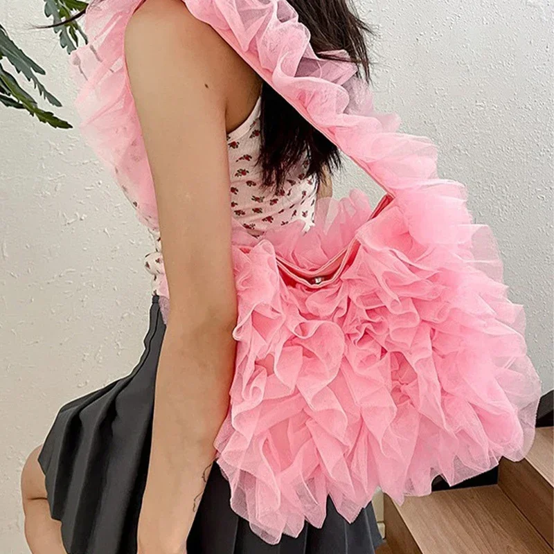 

Solid Color Mesh Pleated Handbags Women's Crossbody Bags Lightweight Chiffon Lace Tote for Women Shopping Travel Underarm Bag