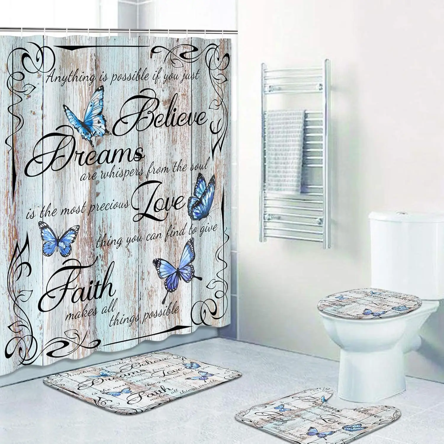 

Наборы занавесок для душа из 4 предметов с 12 крючками, вдохновляющие цитаты синей бабочки, фермерский дом с нескользящими ковриками, крышка крышки унитаза