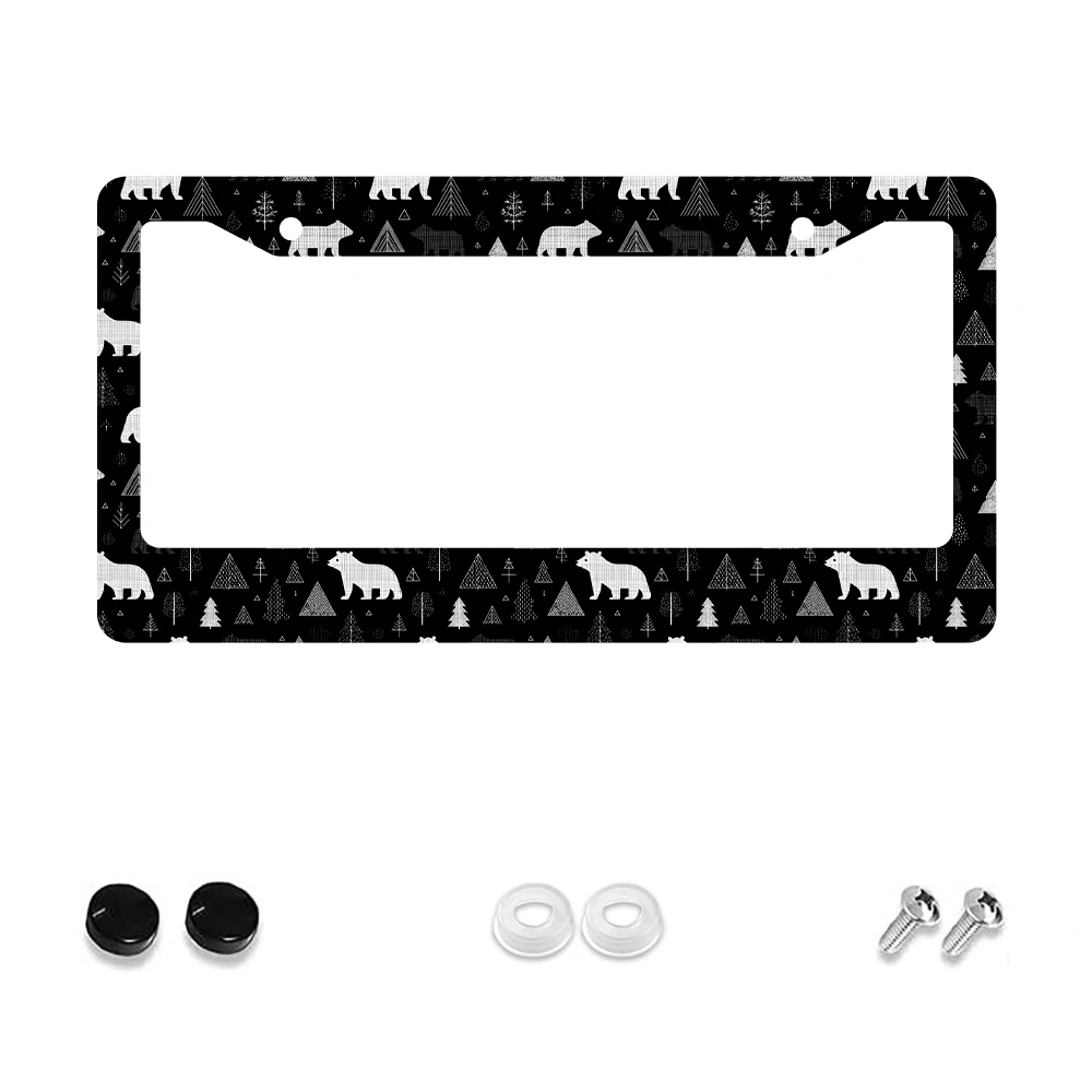 

1pc Black and White Bear Forest Pattern 2 Hole License Plate Frame, Aluminum Material, 6x12 Inches, with Screw Kit, Retro Novel