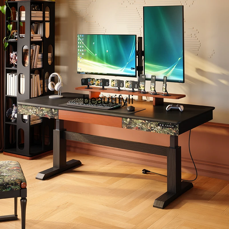 

Electric lifting table, ash wood, workbench French retro style solid wood computer table
