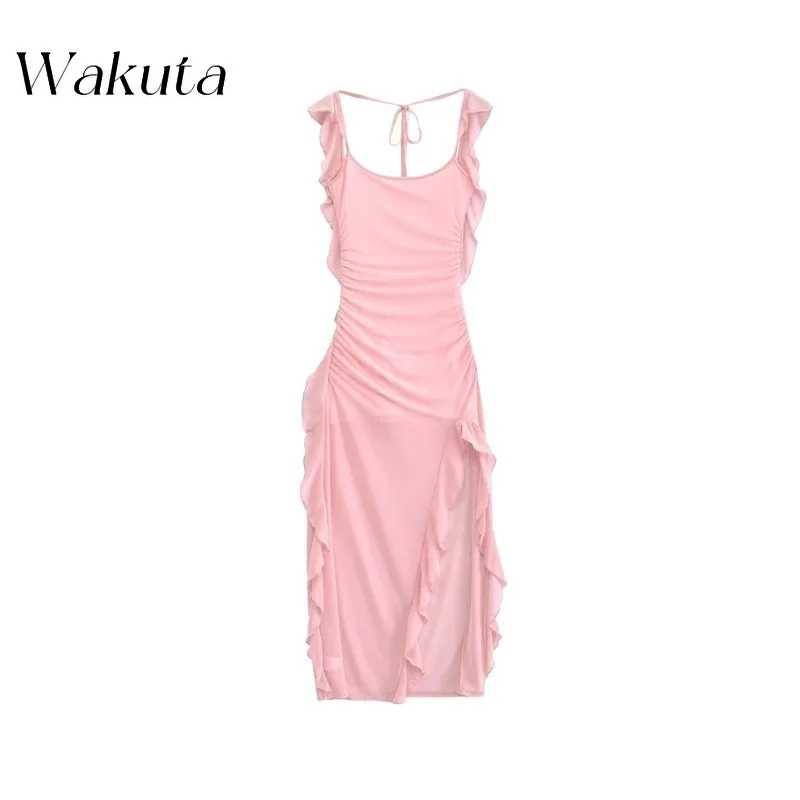 

WAKUTA Summer Sexy U-neck Small Fly Sleeve Camisole Gowns with Fashion Ruffle Edge Slim Fit Mesh Bag Hip Opening Beach Dresses