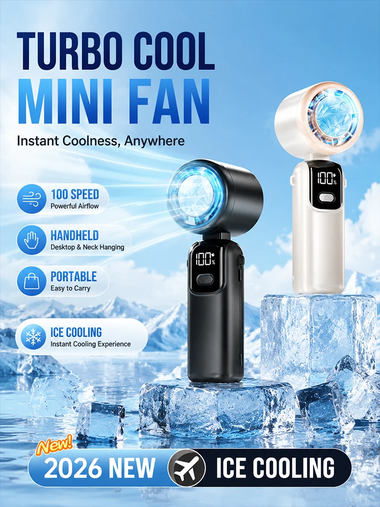 Handheld Fan Portable Cooling Fan with Cooling Chip High Speed Turbo Rechargeable Foldable Digital Display Outdoor Summer Fan