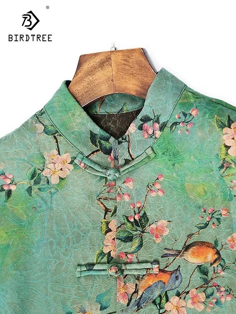 

Birdtree Stand Collar Floral Jacquard,50MM Mulberry Silk XiangYunSha New Chinese Style Shirt,Retro Mom's Autumn Tops T3D450QC