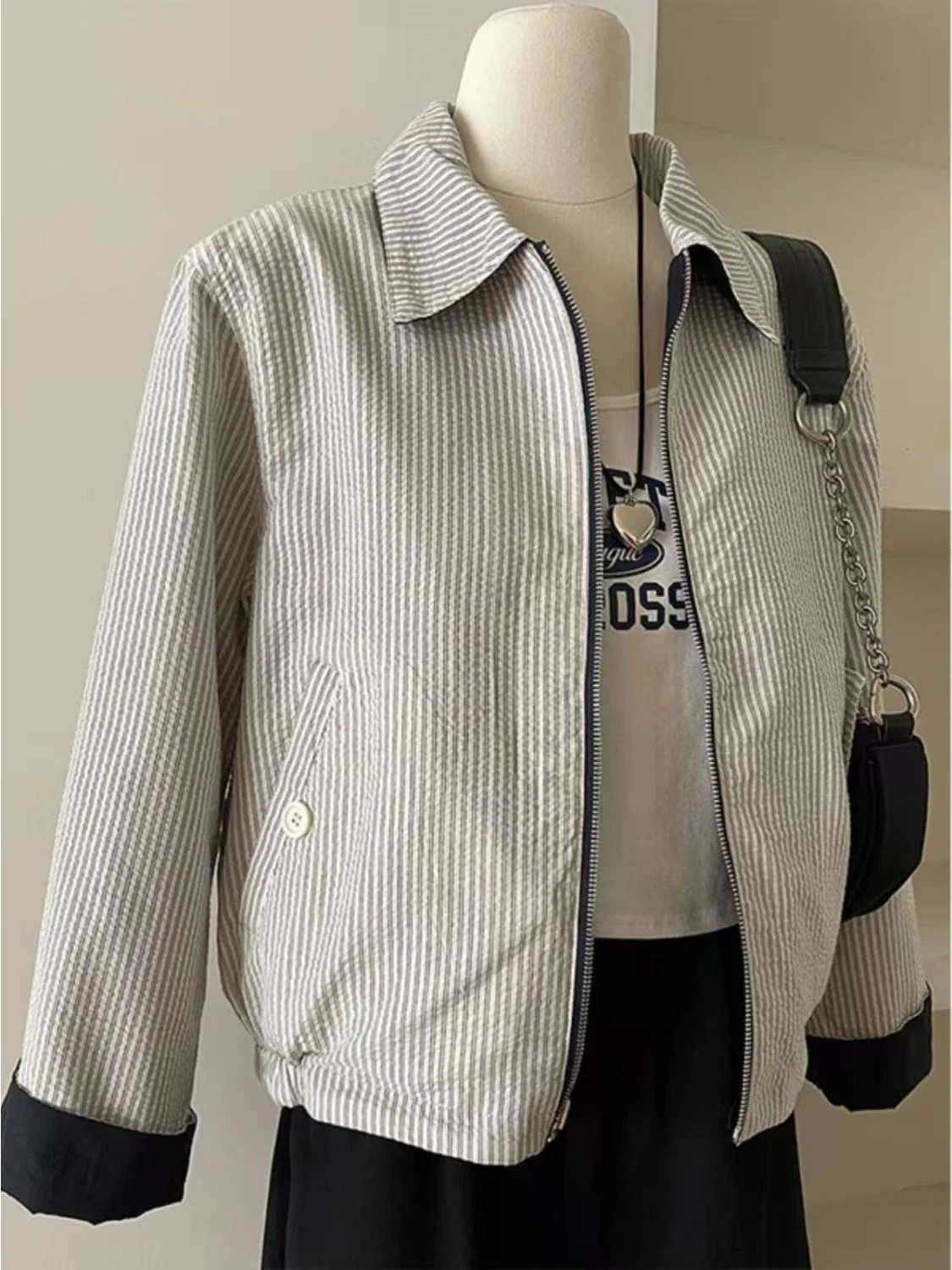 Retro Slim Fit Pasiasty Kołnierz Zapinany na Zamek Dwustronny Zimowy Damski Wszechstronny Top Ciepły Długi Sweter z Kołnierzem