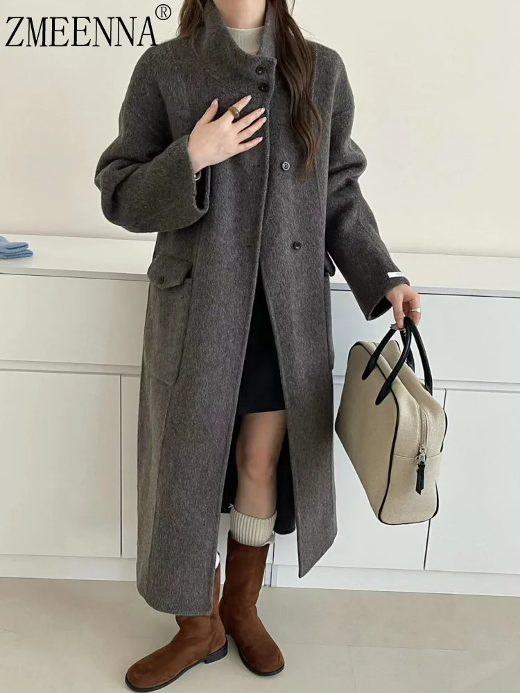 

ZMEENNA Women's Wool Blend Coat Stand Collar Outerwear Solid Color Long Sleeve Button Down Jacket With Pockets ZM3970