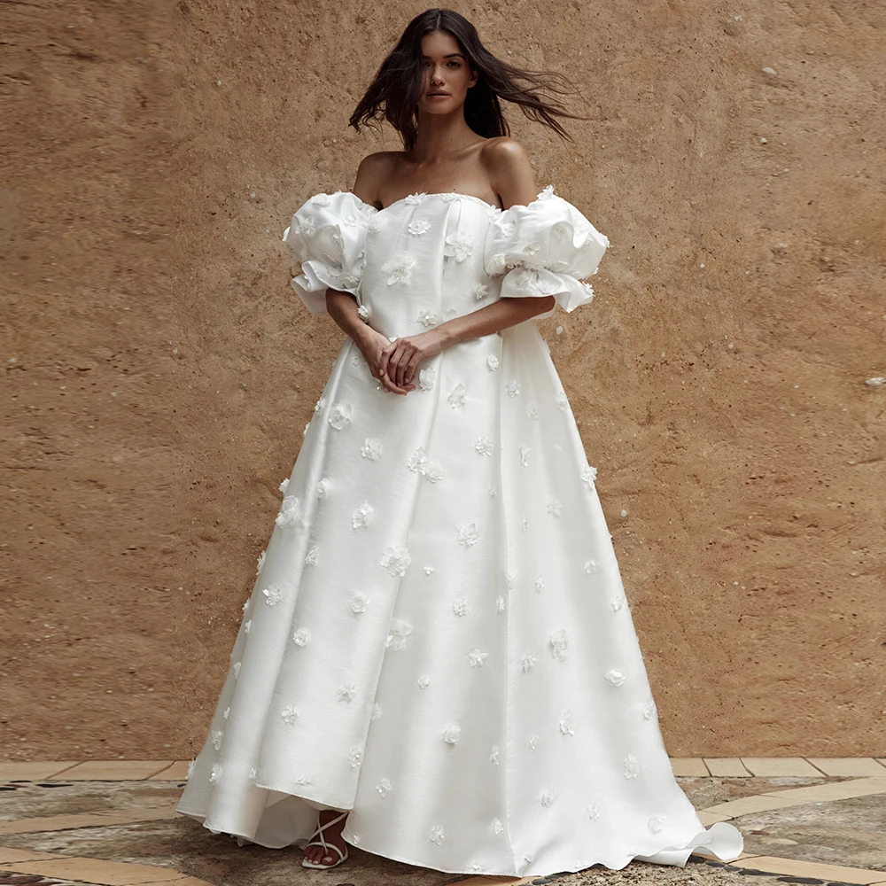 Pregnant Wedding Dress White Satin A Line Short Lantern Sleeves Luxury Wedding Gown for Women 2022 Bride 3D Flowers Bridal Gowns