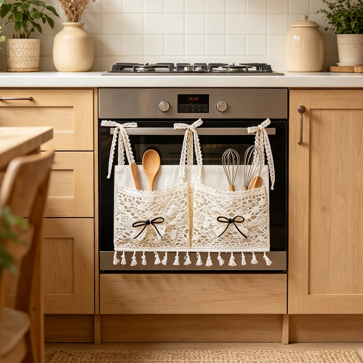 Boho Oven Curtain with Pocket Decor, Tie-up Kitchen Curtain Tassel Hem for Dishwasher Skirt Curtain