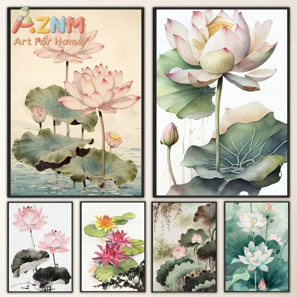 1pc Vintage Watercolor Lotus Chinese Canvas Paintings Flower Poster Self-adhesive Art Waterproof Paper Sticker Wall Decor