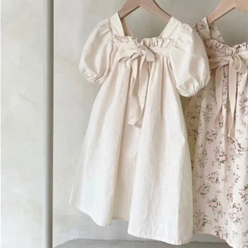 2025 New Korean Summer Dress New Western Bubble Sleeves Sweet Floral Square Collar Western Dress