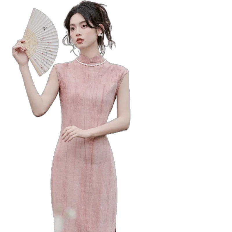 

New Chinese-style beautiful pink cheongsam, summer and Republic of China style young models can be worn plain and elegant