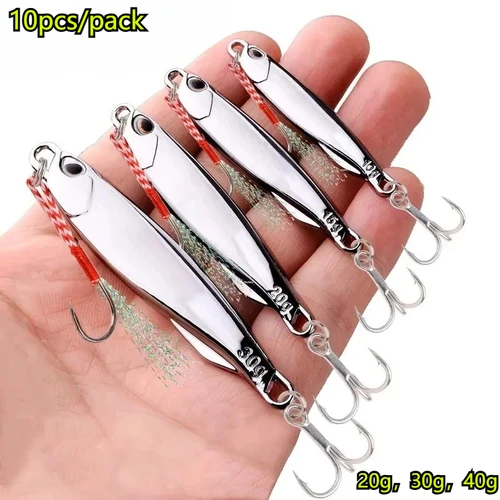 10 unids/pack pesca plantilla de Metal señuelos 20g 30g 40g chapado plantilla de Metal plateado señuelo de pesca cebo de pesca aparejos de lubina de agua salada
