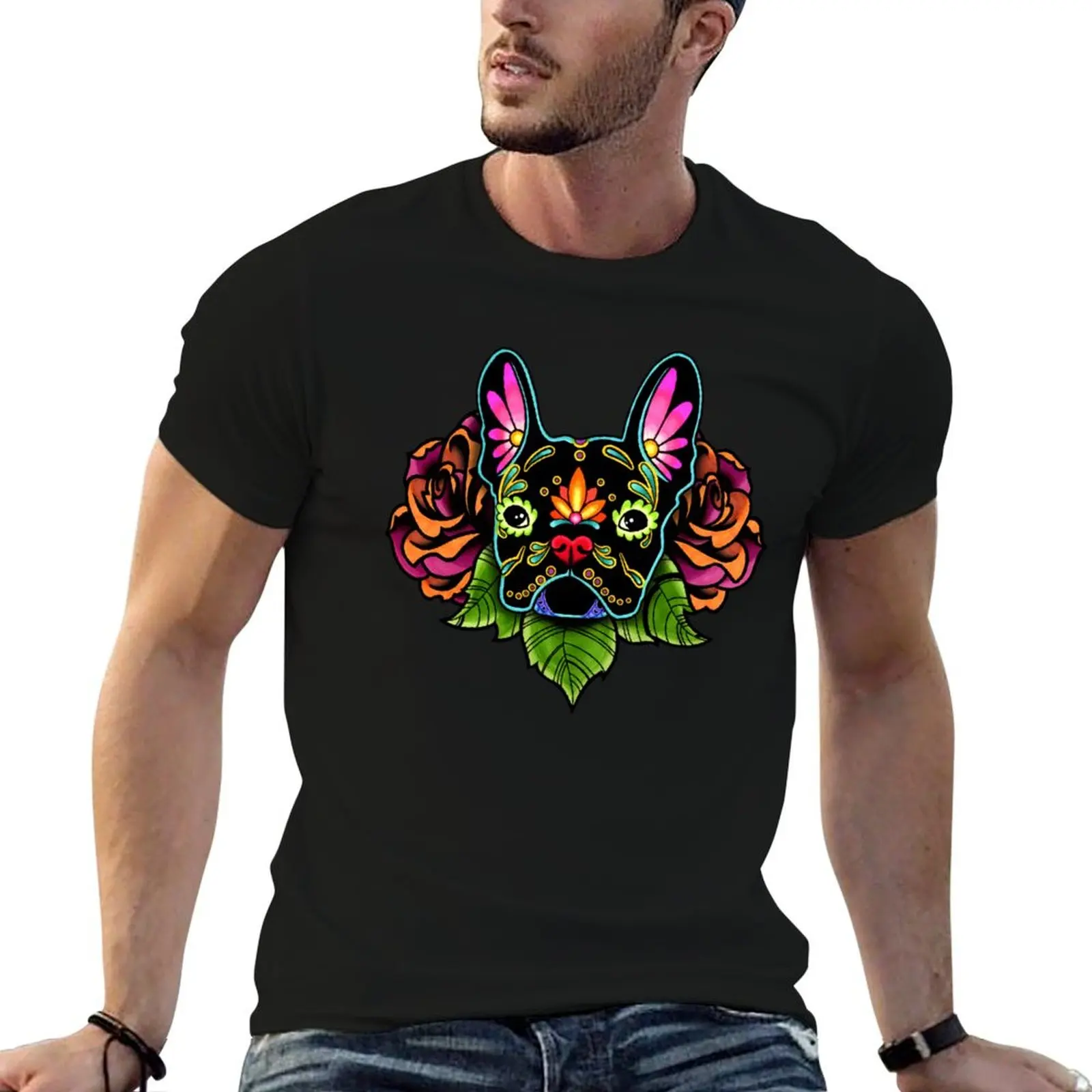 Day of the Dead French Bulldog in Black Sugar Skull Dog T-Shirt man t shirts graphic anime tshirt T-Shirt