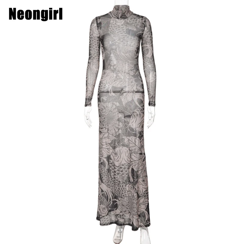 Neongirl Dragon Print Mesh Flare Long Dress Women Sheer Turtleneck Full Sleeve Tight Streetwear Sheer Fabric Transparent Slim