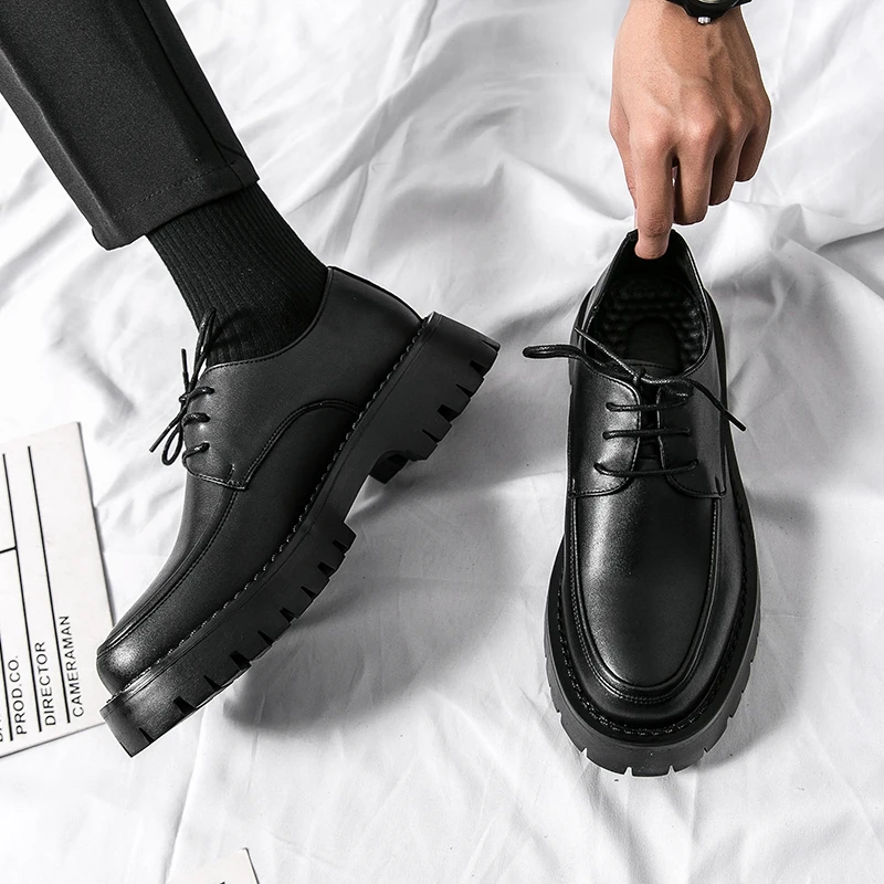 Men Streetwear Fashion Business Casual Thick Platform Black Leather Wedding Loafers Shoes Harajuku Korean Man Leather Shoes