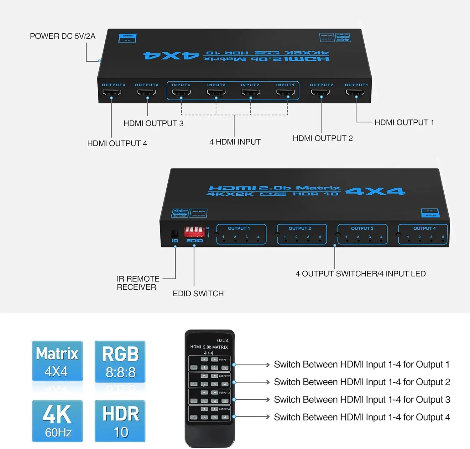 4x4 HDMI-Compatible True Matrix Switch Conmutador 4 in 4 out 4K 60Hz HDMI Matrix Splitter Switcher Selector Box for PC TV Loptop