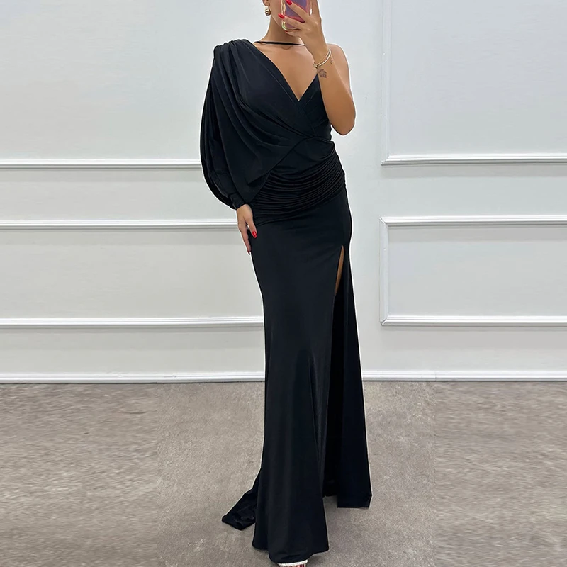 

Lady Elegant Solid Split Evening Dress Fall Fashion One Shoulder Sleeve High Waist Dress Sexy Asymmetric Hollow Slim Long Dress