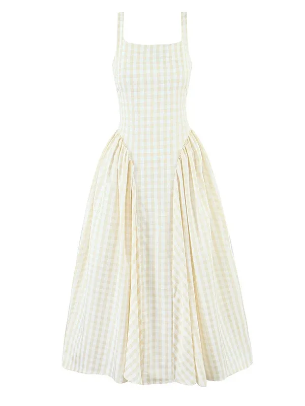 ชุดเดรสสายเดี่ยวผ้าลายสก็อตผูกเชือก ดีไซน์หรูหรา คอเหลี่ยม เอวต่ำ ทรงเอไลน์ ความยาวปานกลาง สำหรับฤดูร้อน งานปาร์ตี้วันหยุด รุ่น F374 ปี 2025