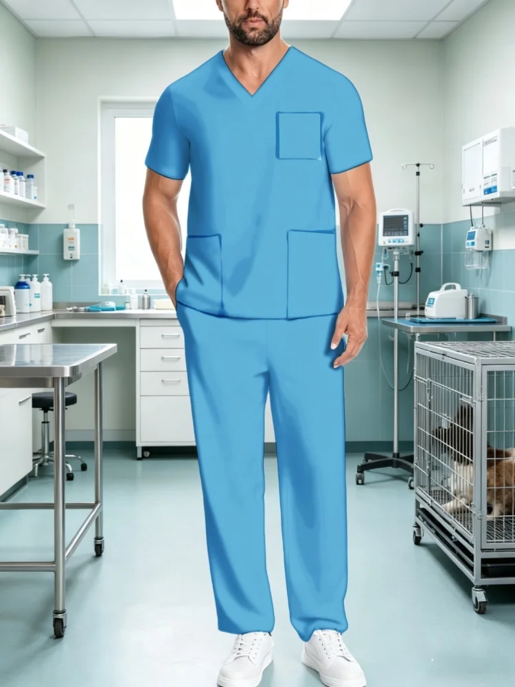 Men Solid Color Medical Scrub Set 2 Piece V Neck Short Sleeve Top & Straight Pants Breathable Polyester Nursing Uniform 2026
