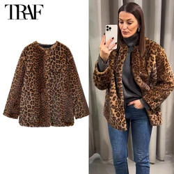 TRAF 2024 Faux Fur Long Coat Women Leopard Print Warm Winter Woman Coat New in Coats for Woman Long Sleeve Fluffy Women's Jacket