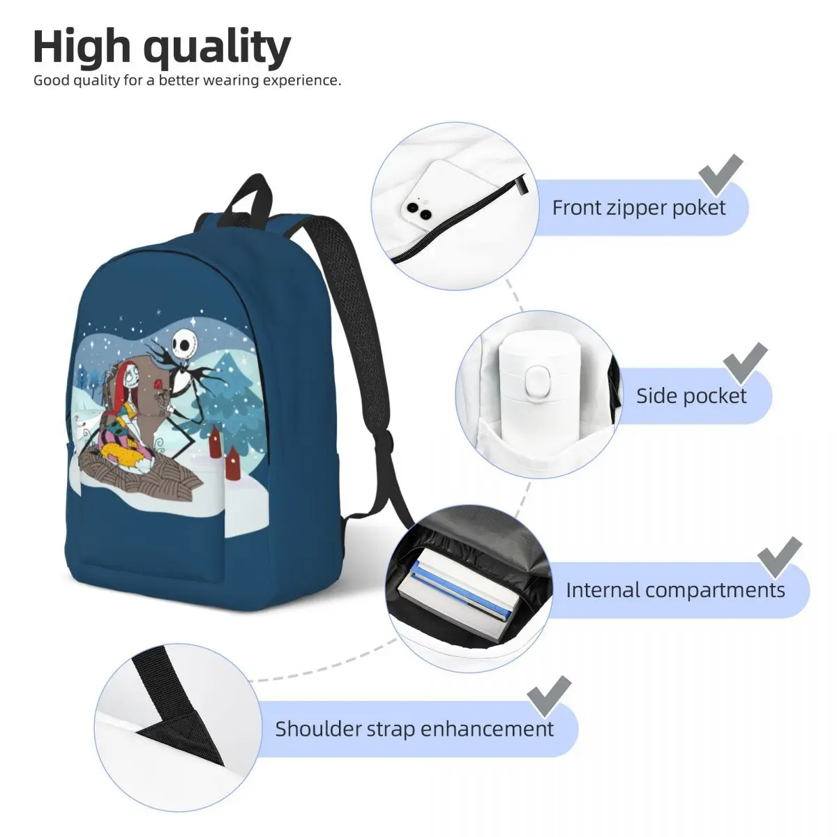 Custom Jack Skellington And Sally Canvas Backpack for  Water Resistant College The Nightmare Before Christmas Bag Print Bookbags