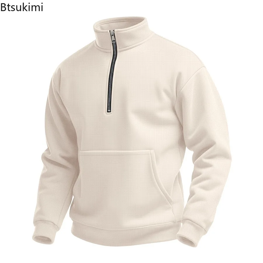 

New Men's Solid Long Sleeve Sweatshirts Autumn Winter Outdoor Casual Stand Collar Warm Pullover Big Pocket Loose Hoodies for Men