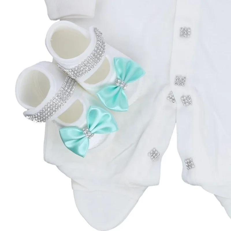 Footed Romper Newborn 0-9 Months 4 Piece Set Mint Gold Crown Bow Prince Royal Boutique Baby Shower Gift With Hat Mittens Shoes