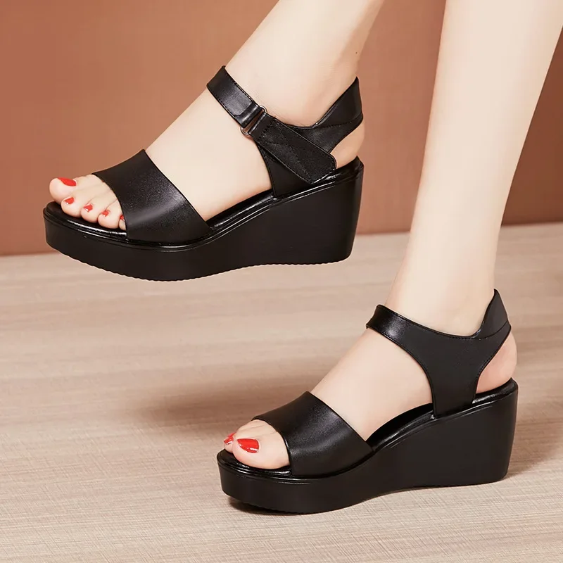 Small Size 32-43 Summer Platform Wedges Sandals Women 2024 Casual Soft Leather Shoes High Heels Sandals for Office Mom Beach