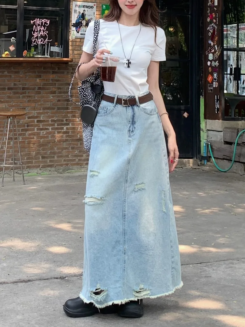 ZHISILAO Irregular Long Denim Skirt Women Vintage A-line Jeans Skirt Summer 2024 Hole Ripped Skirt