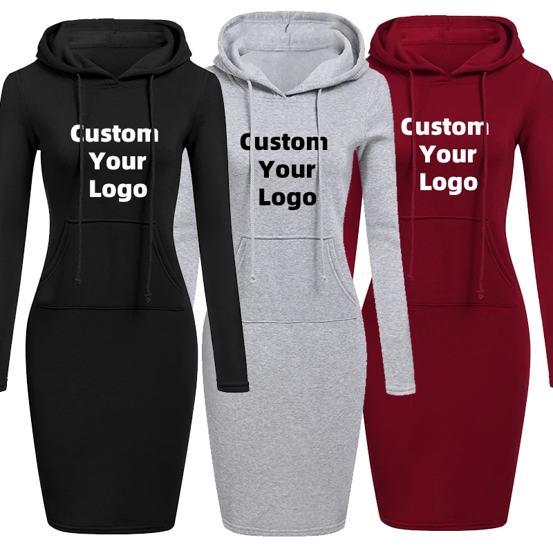 

Customize your logo Women Hoodie Dress Autumn and Winter Fashion Long Sleeve Hoodie Casual Hooded Dress Pullover Dress S-2XL