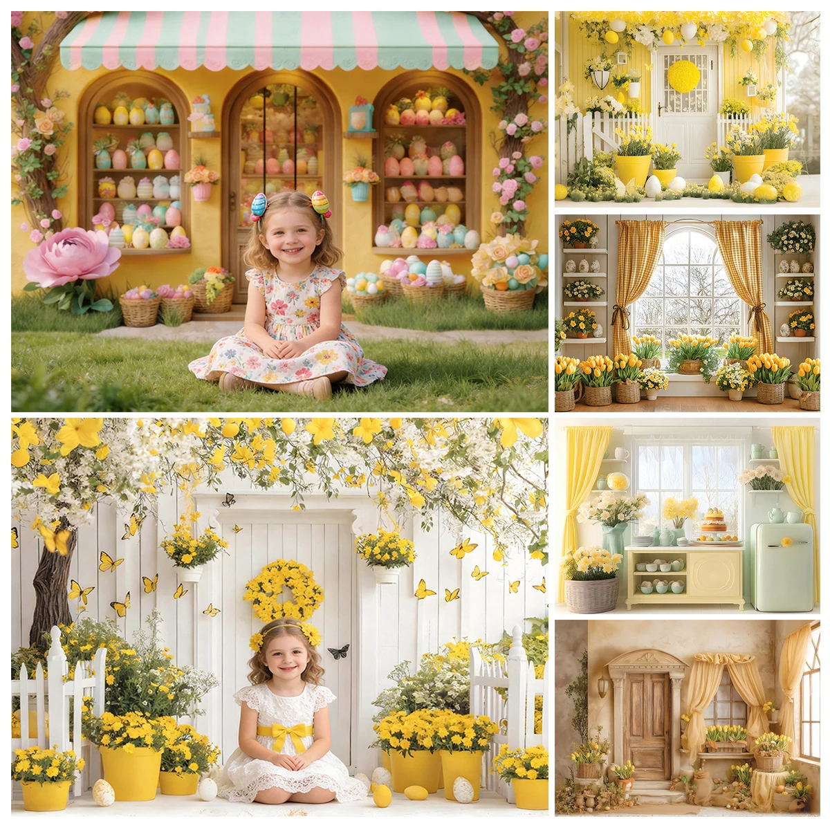 Easter Yellow Floral Shop House Fence Kitchen Window Photography Backdrop Cute Egg Butterfly Decor For Baby Portrait Photo Prop