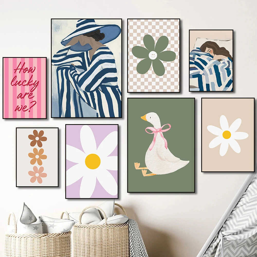 Minimalist Woman Portrait Daisy Flower Boho Goose with Pink Bow Poster Canvas Painting Print Wall for Living Room  Home Decor