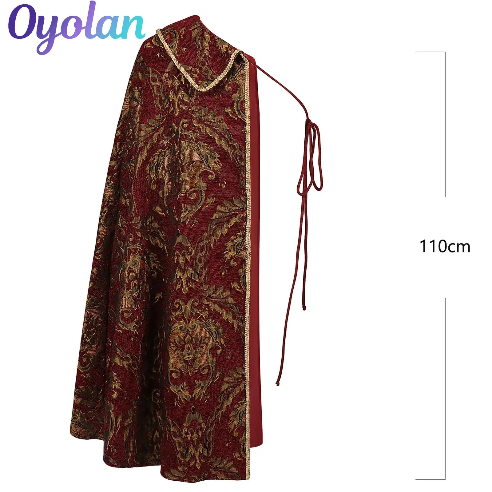 

Mens Medieval Renaissance King Jacquard Cloak One Shoulder Retro Pattern with Trim Lapel Cape Tudor Halloween PartyCostume