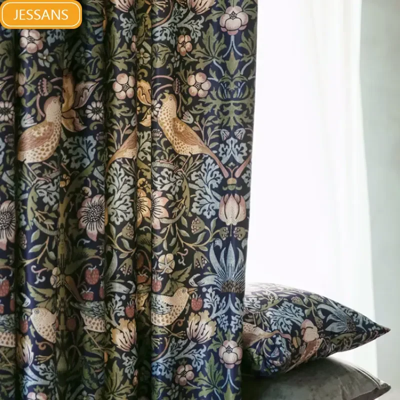 American Style Garden Flowers and Birds Green Jacquard Thickened Cotton and Linen Curtains for Living Room Bedroom Balcony