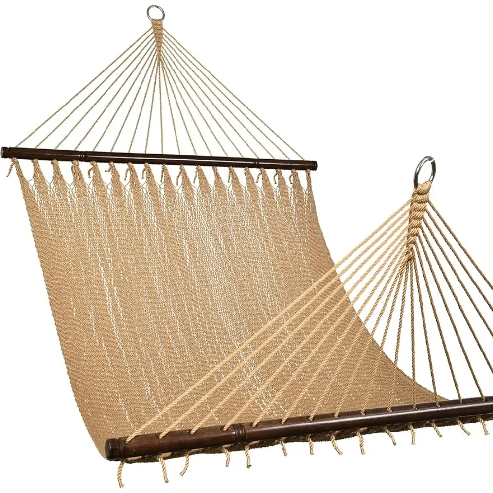 Lazy Daze 10 FT Double 2 Person Caribbean Rope Hammock, Hand Woven Polyester Hammock Spreader Bars, Extra Large Hammock,  Tan