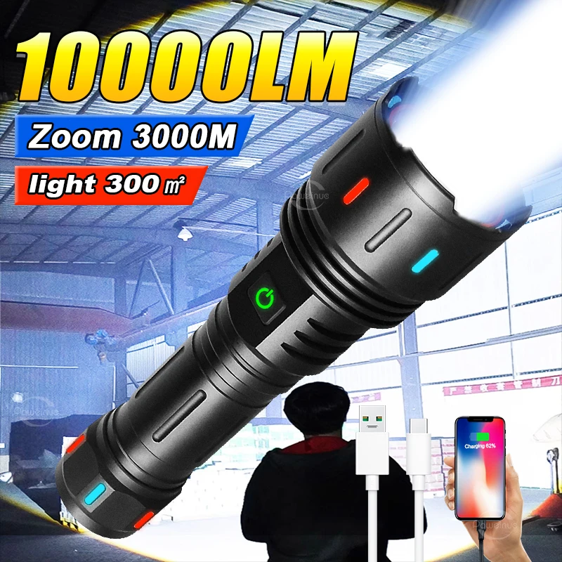 

High Power Flashlight 10000 Ultra Powerful Torch Usb Rechargeable Led Lamp Fluorescence Army Tactical Flashlight Hunting Camping