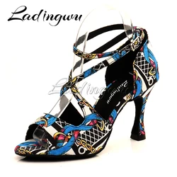 Ladingwu Salsa Jazz Ballroom Latin Dance Black Shoes For Dancing Women Social Strip High Heels Featured Graffiti Denim Sandals