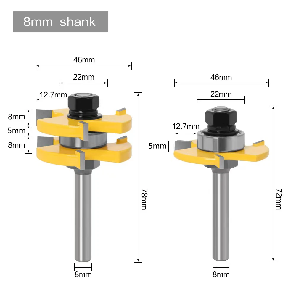 2pcs 8mm 12mm 1/2in shank Joint Assemble Router Bits Tongue & Groove T-Slot Milling Cutter for Wood Woodwork Cutting Tools