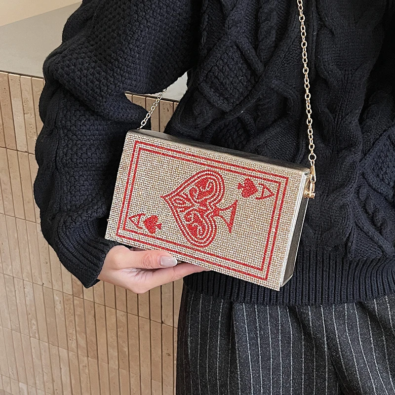 

Women's Poker Heart Rhinestone Clutch Bag Bling Diamond Decor Gold Chain Crossbody Party Evening Shoulder Bag 2026 New Trend