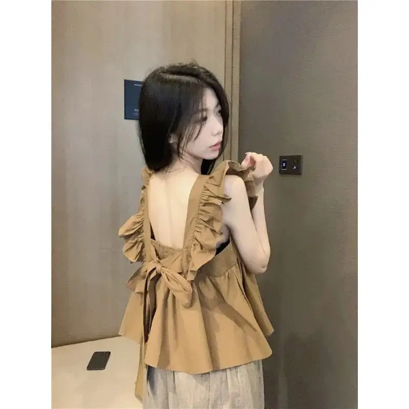 Korean Version Style Bow Tie Strap Flying Sleeve Shirt Women's Summer New Style Chic and Versatile Slimming Top