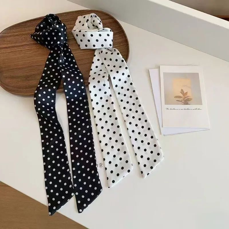 

Черно-белый длинный узкий шарф в горошек в корейском стиле, универсальная лента для рубашки, декоративная лента для волос, аксессуар для сумки