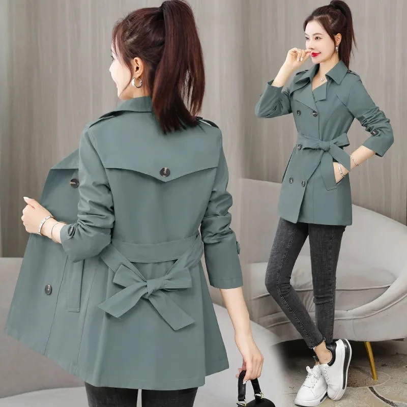 2024 New Spring Autumn Trench Coat Women Clothes Slim Long-Sleeved Short Windbreaker With Belt Casual Outwear Female Tops Lining