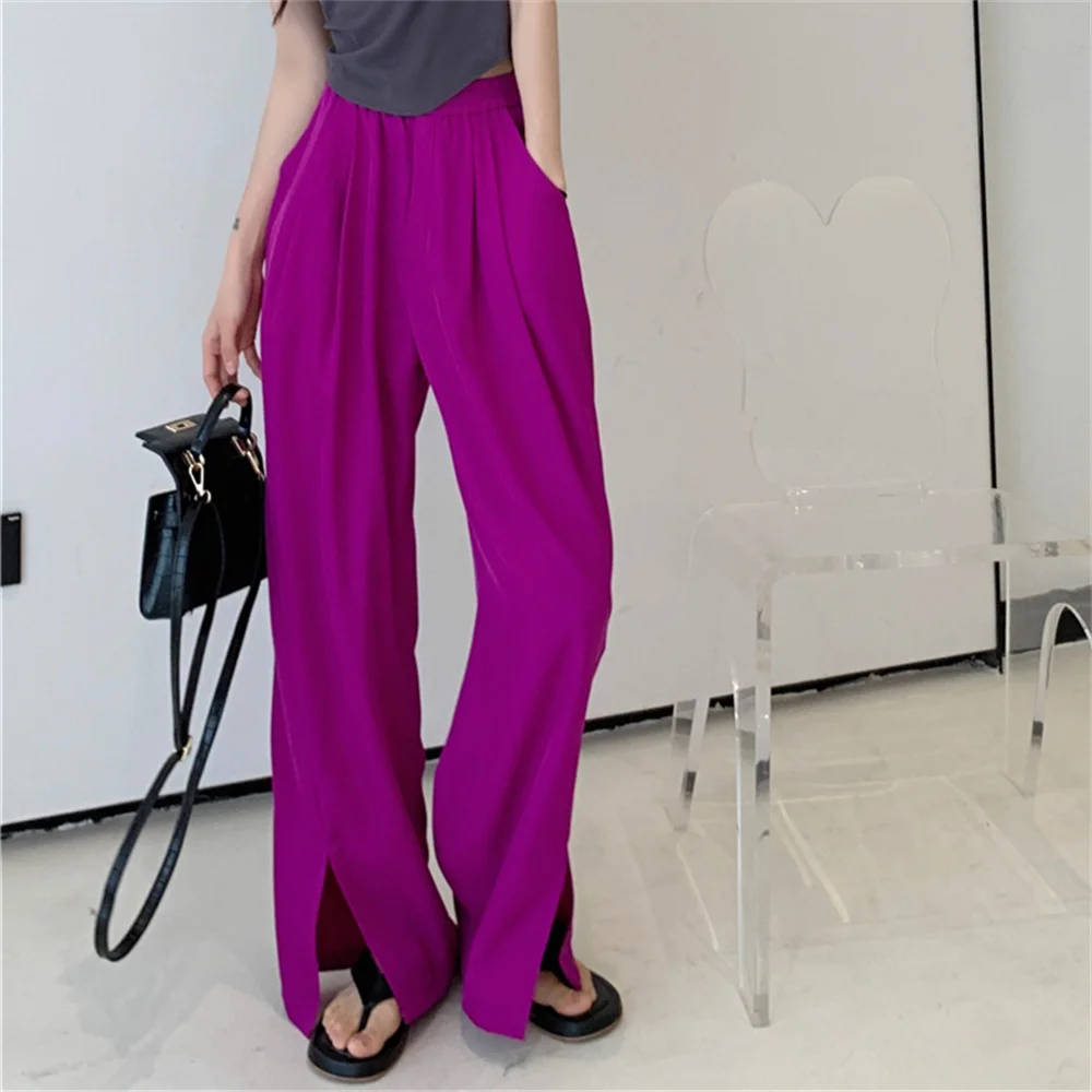 Pantalones largos de gasa para mujer, Pantalón liso de cintura alta, ropa de trabajo de pierna ancha, holgado, minimalista, Delgado, primavera y verano, novedad de 2023