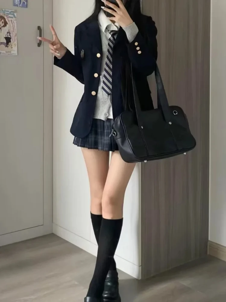 الكورية كلية نمط الإناث JK الحلو منقوشة الراقية البدلة سترة قاعدة قميص عالية الخصر منقوشة مطوي تنورة ثلاث قطع مجموعة