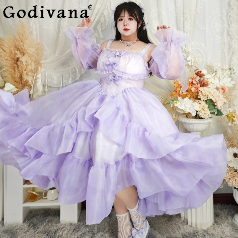 

Oversized Lolita Puffy Princess Tail Dress Women's Original Japanese Style Sweet Long Gown Female High Waist Purple Dress