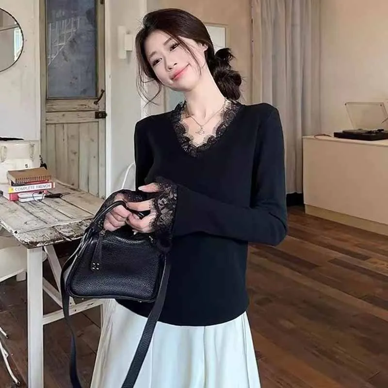 أزياء من الدانتل الخامس الرقبة محبوك سترة للنساء مزاجه أنيقة طويلة الأكمام لاعبا السيدات خريف شتاء قاع البلوز