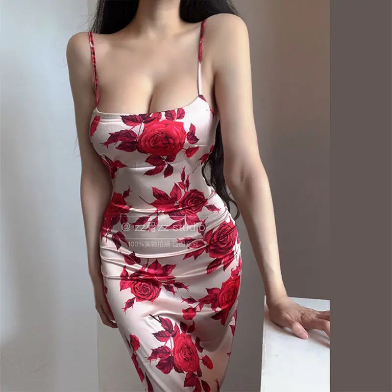 

French Vintage Temperament Slim Printing Summer Fashion Women Elegant Hip Sling Low Collar Sleeveless Off Shoulder Slip Dress