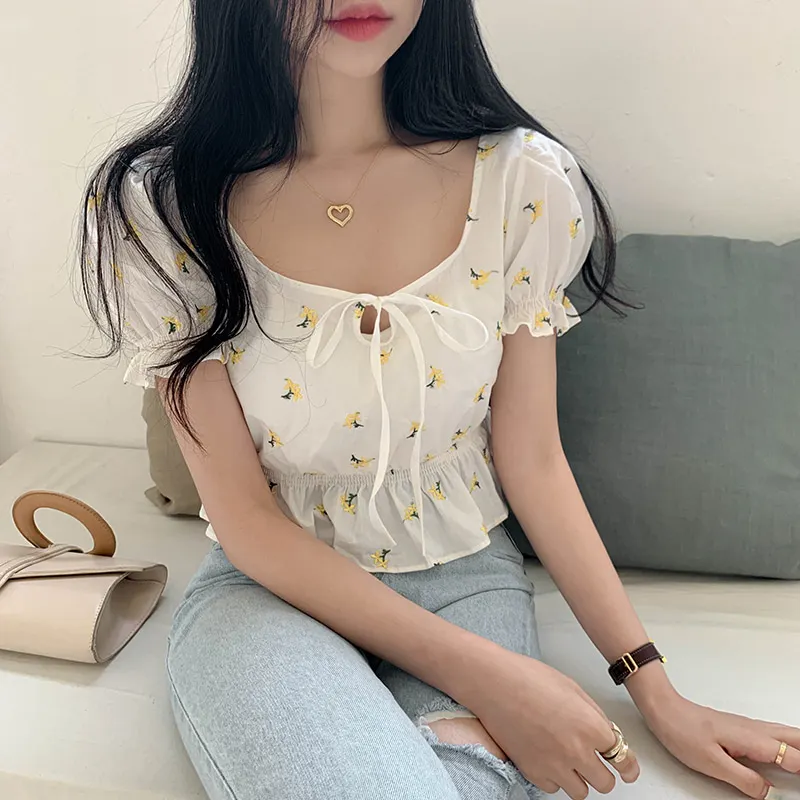 Sweet Broken Flower Slash Neck Women Blouse Agaric Edge Pleat Design Slim Elastic Waist Cropped Top Cute Chiffon Blouse Summer